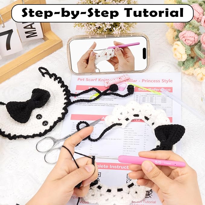 Alvian Crochet Kit for Beginners Pet Adjustable Knitting Cat Collars Hand-Woven Crochet Bib Kitten Necklace Scarf Outfit Costume Ideal Gift for Cat and Dog