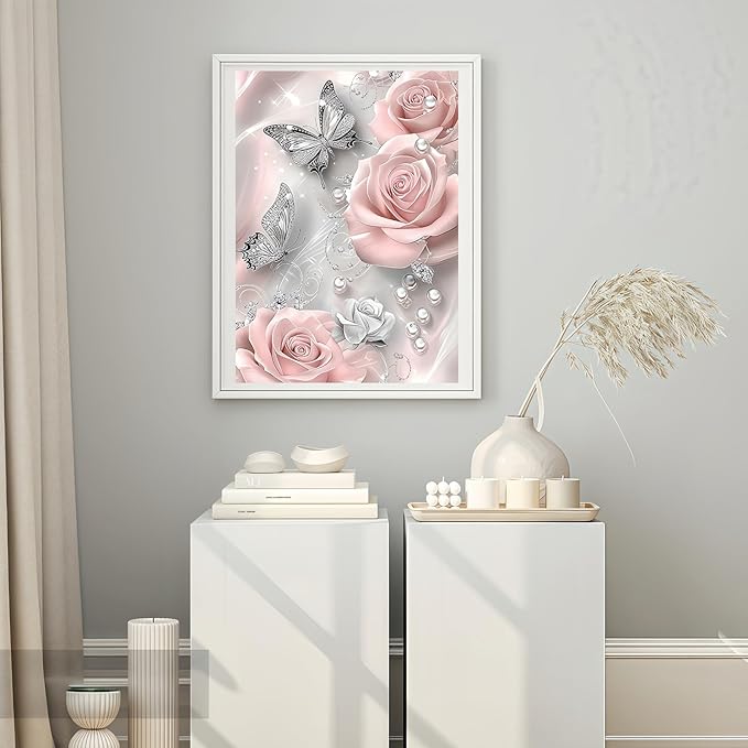 BYGFHLYW 5D Diamond Painting Kits for Adults, Butterfly Rose Flower Diamond Art Kits for Adults Beginner, DIY Full Drill Diamond Dot Gem Painting for Home Wall Decor 12x16inch