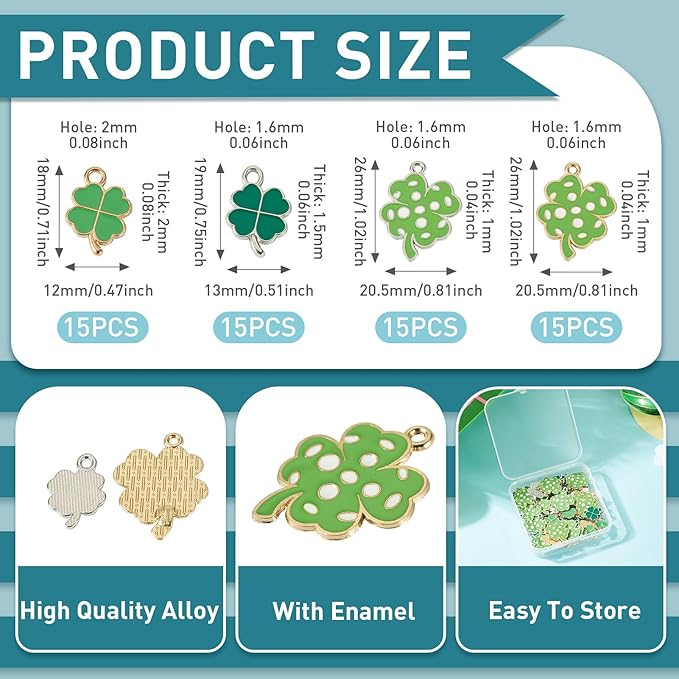 Cheriswelry 60Pcs Green Clover Charms Shamrock Four Leaf Lucky Pendants St. Patrick's Day Enamel Alloy Pendants 18-26mm for DIY Necklace Bracelet Earring Jewelry Crafts