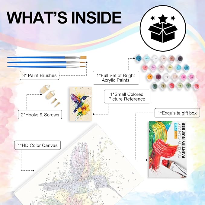 Framed Paint by Numbers Kit for Adults Beginner & Kids Ages 8-12, Hummingbird Paint by Numbers With Frame, DIY Watercolor Number Painting for Adults Hummingbird for Home Wall Decor Gift 8x 12 inch