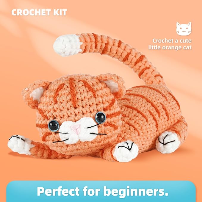 MOREJMTT Crochet kit for Beginners Adults, Learn to Crochet, Include Easy Knitting Soft Yarn, Step-by-Step Video Tutorial, Hook, Holiday Birthday Gift (Orange cat)