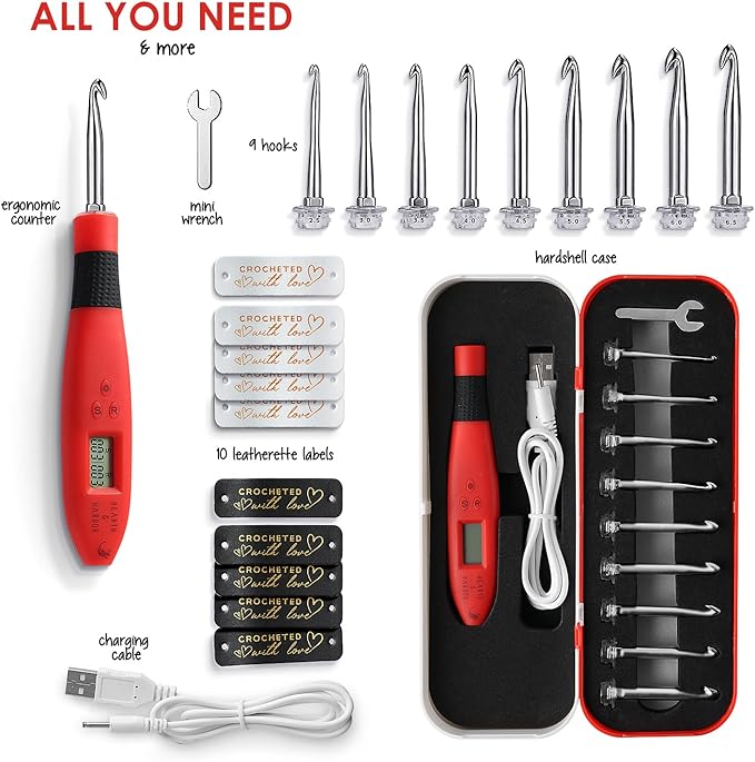 Hearth & Harbor Light Up Crochet Hook Set with Case, Counting Crochet Hook Set Digital for Stitch and Row Counter, Lighted Crochet Hook Set with 9 Interchangeable Crochet Hooks