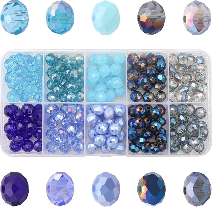 200pcs 8MM Faceted Rondelle Glass Beads for Jewelry Making, Briolette Crystal Glass Beads Plated Round Loose Spacer Beads for DIY Supplies Bracelets Necklaces Earrings (Blue)