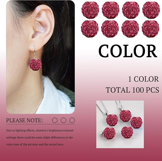 10mm Grade A Rhinestone Beads for Baseball Necklace-Round Disco Ball Beads Rhinestone Clay Bead for Earring Jewelry Making,Necklace Bracelet,DIY Craft Supplies(100 pcs Rose Red)