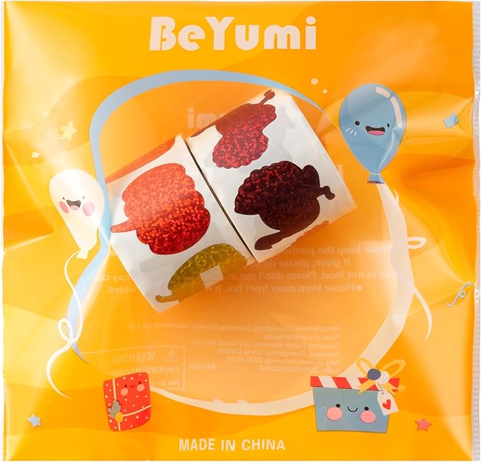 beyumi thanksgiving pumpkin turkey stickers - 1000pcs fall thankful laser pumpkin turkey stickers in 2 rolls holographic sparkly glitter autumn harvest adhesive decal gift party laptop decor for kids