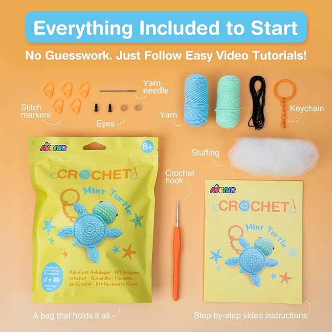 Avenir Beginner Crochet Kit for Adults & Teens - Small Portable Animals Kit with Keychain, Complete Supplies & Video Tutorials, Perfect Arts & Crafts Gift for Women & Girls（Mint Turtle）