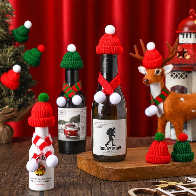 60 Pcs Mini Christmas Knit Hat and Mini Christmas Scarf Set, Santa Knit Hat Scarf Christmas Tree Ornaments Christmas Hat Scarf Cup Bottle Xmas Doll Crafts for DIY Craft Art Decoration (Classic Color)