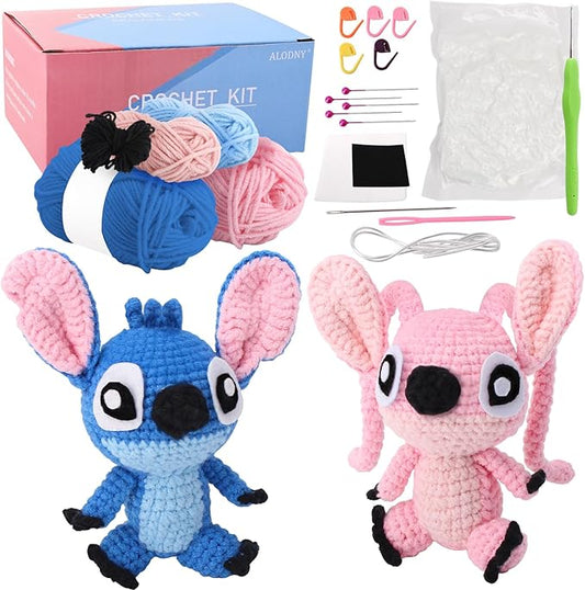 ALODNY Crochet Kit for Adults,Knitting Kits Hooks Yarn Set with Step-by-Step Video Tutorials (Blue Pink)