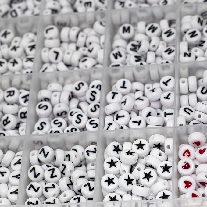 Melius Acrylic Letter Beads, 1450 Pcs 4x7mm Round Alphabet Beads in 28 Grid Box for Jewelry Making, DIY Bracelets (4x7mm, White)