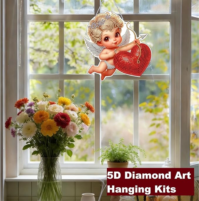 Zyvoreva DIY Cupid Diamond Art Painting Kits for Adults, Valentine's Day Special Shape Double Sided Acrylic Rhinestone Painting, Window Wall Hanging Ornament Pendants for Home Garden Decor