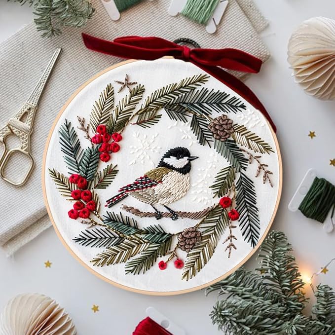 Huacan Embroidery Kits for Adults Beginner DIY Cross Stitch Stamped Christmas Pattern Stitching Wreath Sewing Kit 1 Piece 7.8 x 7.8 Inch