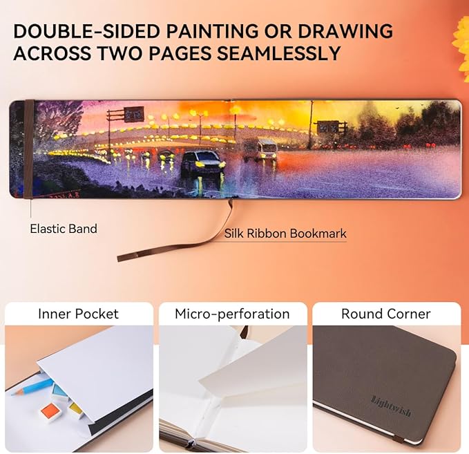 Lightwish Watercolor Journal, 100% Cotton Cold Press Watercolor Paper Sketchbook 9.25” x 3.93”, 20 Sheets (140lb/300gsm), Acid-Free for Watercolors, Gouache, Acrylics