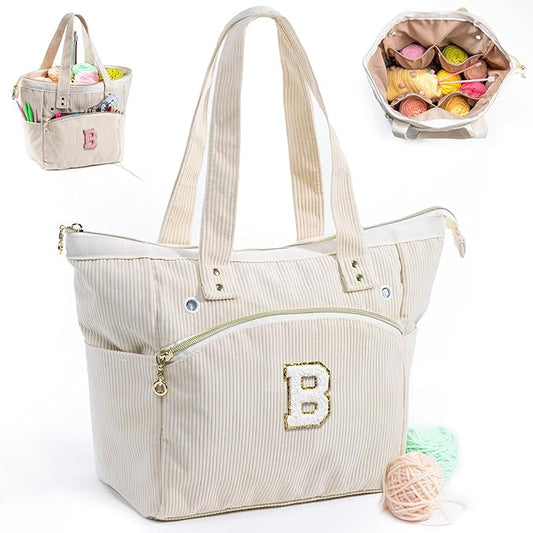 Initial Personalized Crochet Tote - Corduroy Yarn Storage Holder - Organizer for Hooks, Accessories - Project Knitting Bag - Crochet Lover Gift