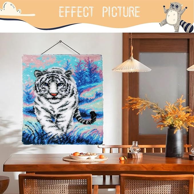 EMISTEM Latch Hook Kits for Adults - DIY Latch Hook Rug Kits, Crochet Kit for Beginners, Rug Making Kits with Printed Canvas, Gift Packaging.(White Tiger Walking on Snow, 20x15)