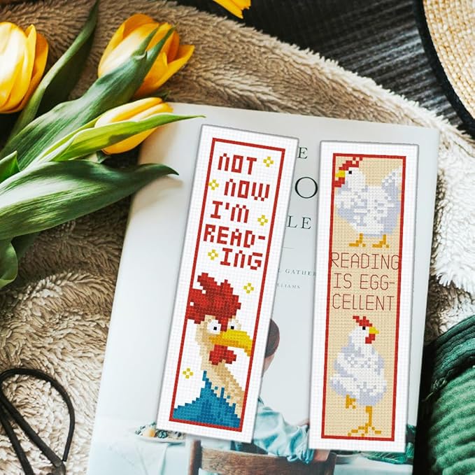 ORIGACH 6 Pcs Cross Stitch Bookmark Kit for Beginner Adults, Cute Chicks and Words Stamped Embroidery Bookmark Kit with Instruction for Starters Printed Cross Stitch DIY Kits for Book Lovers