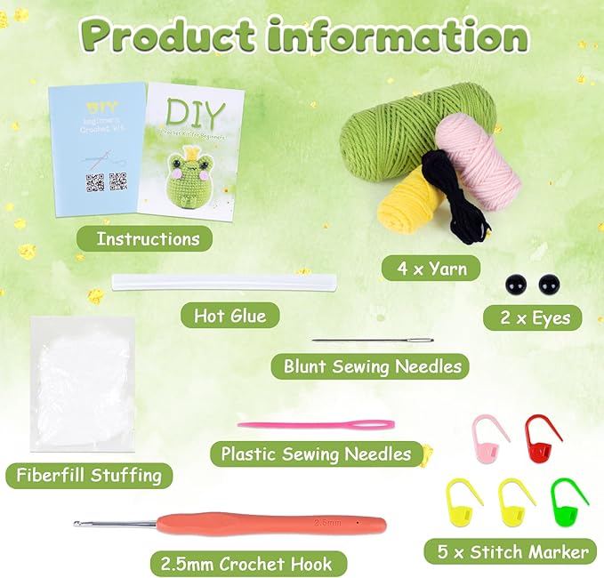 VOCHIC Crochet Kit for Beginners Frog Crocheting Knitting Kit DIY Crochet Starter Kit with Step-by-Step Video Tutorial Gift for Friends Adults