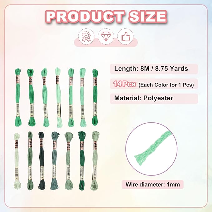 PATIKIL 14 Skeins Embroidery Floss, Polyester Embroidery Threads Bracelets String for Cross-Stitch Hand Embroidery, Multicolored Emerald Green