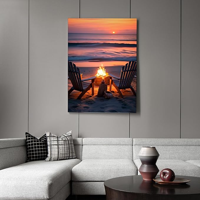 Fountor Sunset Diamond Art Kits for Adults, Beach Landscape Diamond Painting Kit for Adults Beginners, 5D DIY Campfire Diamond Painting with Round Gem Art Kits for Home Wall Decor 12x16 Inch