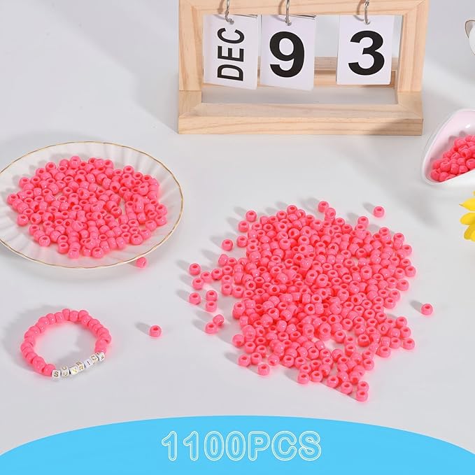 sunrica 1100pcs pink pony beads 6x9mm large hole plastic beads for kandi, hair braids, necklaces, friendship bracelets