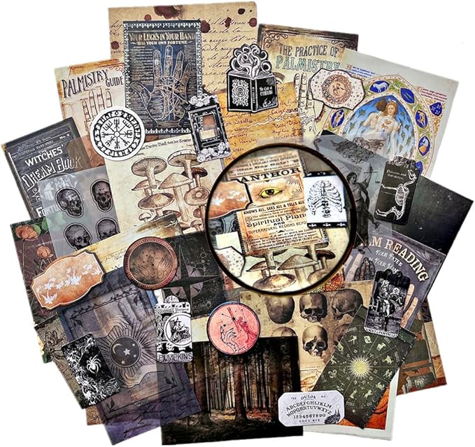 Dark Academia Junk Journal Supplies, Vintage Skull Decoupage Paper for Scrapbook Kit, 45pcs Astrology Ephemera for Junk Journals, Mushroom Plant Materials for Room Decor Wall Collage Kit
