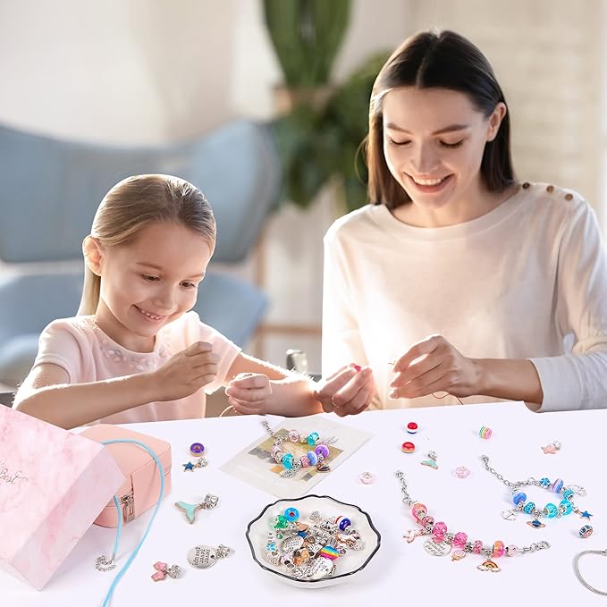 Charm Bracelet Jewelry Making Kit - A Perfect Birthday Holiday Gift for Girls Age 6 7 8 9 10 with Portable Jewelry Box, Cute & Sparkling to Inspire Creativity and Self-Expression, Great Value
