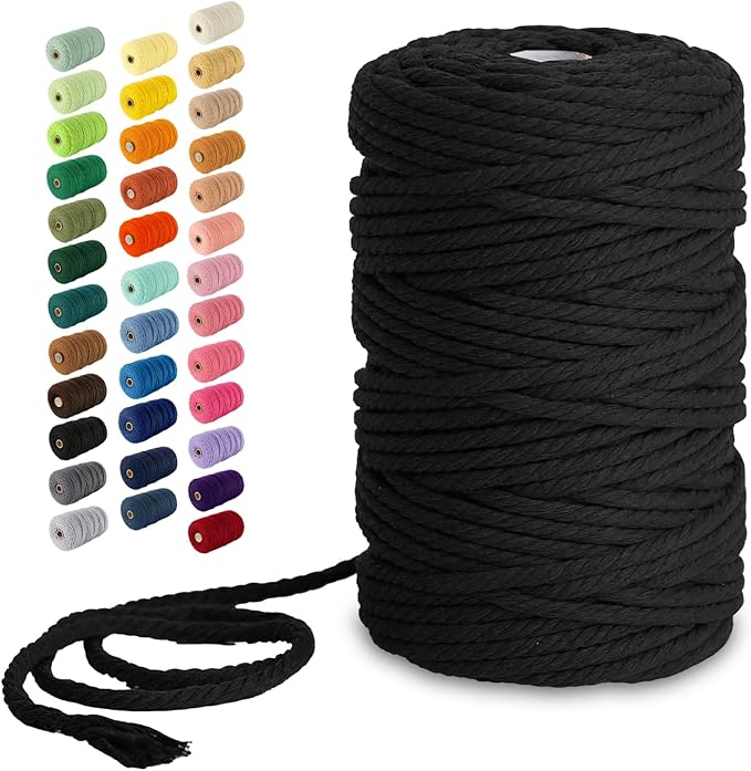 Nook Theory Macrame Cord - 5mm 109 Yards Cotton Rope, 3mm 4mm Yarn, String for Crafts, Perfect for Macrame Wall Hanging and Boho Decorations (Black)