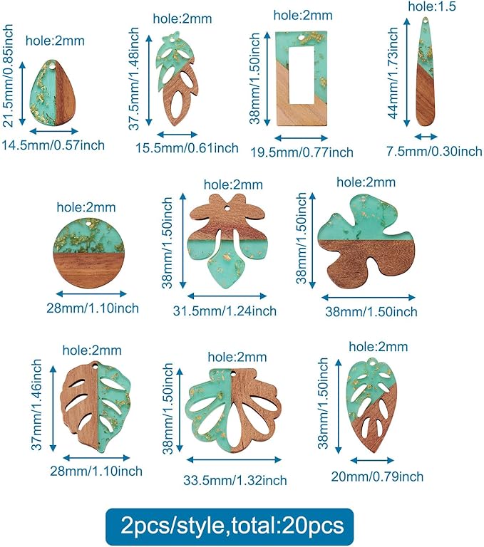 Beadthoven 20pcs/10 Pairs Boho Green Leaf Resin Wood Charms DIY Bohemian Earrings Transparent Tree Leaf Resin Wood Pendants Natural Wooden Pieces Tag Pendants for Jewelry Making Necklace Keychain