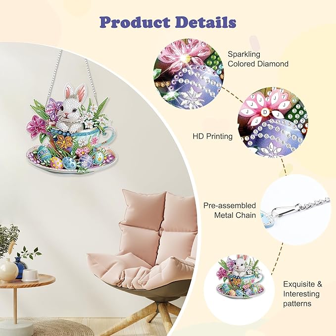 HEIBAGO Easter Bunny Diamond Art Hanging Kits for Adults, Diamond Art Suncatchers Rabbit, 5D Special Shape Diamond Painting Pendant, DIY Window Ornament Gifts for Home Garden Door Wall Decor 8.3x8.3In
