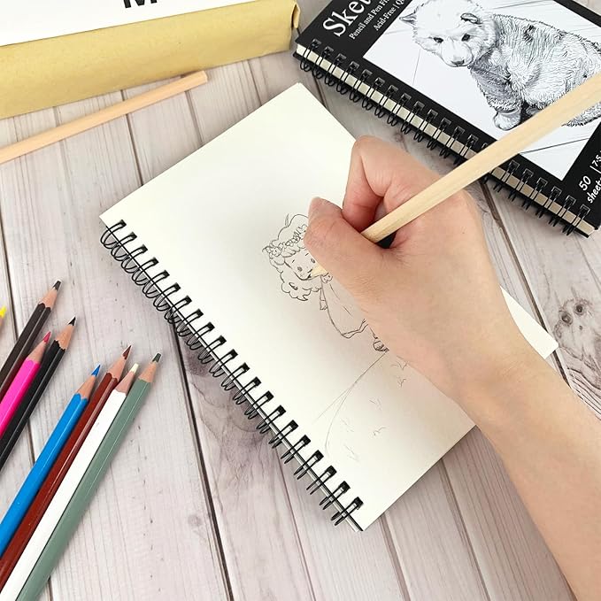DSTELIN 2 Pack 7.5 x 5.1 Inch Spiral Bound Sketch Pad, Black Cover, 50 Sheets,100gsm, Hardcover, Suitable for Sketching and Drawing, Ideal for Daily Art Creation