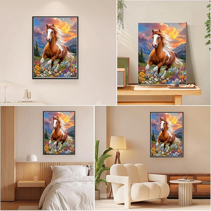 EOBROMD Framed Paint by Numbers Kits for Adults - Wooden Easel, Animal Horse DIY Kits Crafts for Beginner on Stretched Canvas, 3 Brushes and Acrylic Paint for Home Decor 10x14 Inch