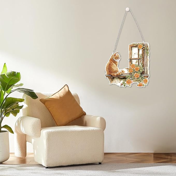 MOGTAA Cat Diamond Art Hanging Pendant Kits, 5D Special Shape Diamond Art Kits for Adults, Crystal Rhinestones Flowers Landscape Diamond Painting Gem Art for Home Garden Wall Decor