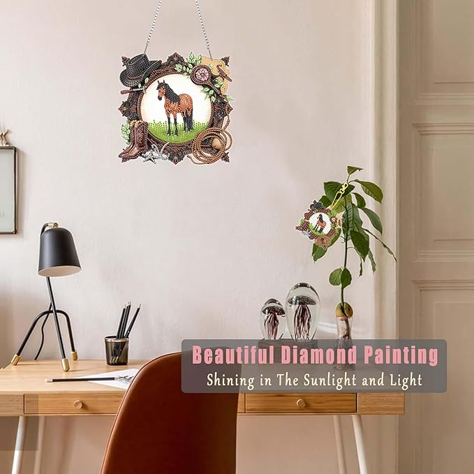 Masendp Cowboy Horse Diamond Painting Double-Sided Hanging Ornament Set, DIY Irregular Shaped Rhinestone Window Decoration Set, Suitable for Home and Garden Wall Decoration Gifts