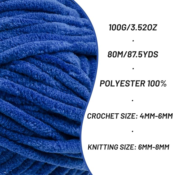 2 Pack Chunky Chenille Yarn for Crocheting, Baby Yarn for Crocheting Soft Blanket, 174.9 yds /7 oz Crochet Yarn, Bulky 5 Amigurumi Yarns, Fluffy Velvet Yarns for Knitting Crafts (2 Sapphire Blue)