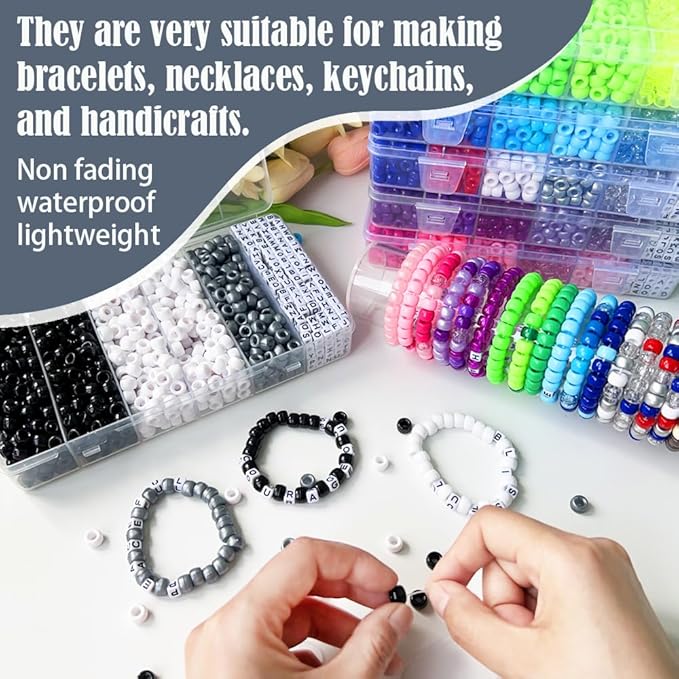 MIIIM 1300 Pcs Pony Beads Kit for Friendship Bracelet, 4 Styles Kandi Bracelet Kit in Box with Individual Compartments, Hair Beads for Braids, Letters (Black and White)