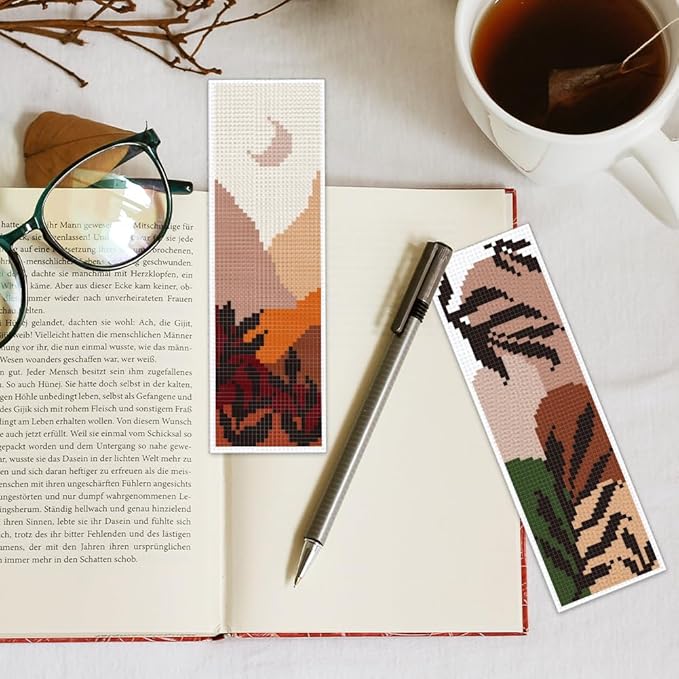 INFUNLY 6PCS Boho Cross Stitch Bookmark Kits 8''x2.4'' Landscape Bookmark Making Kit Moon Phases DIY Stamped Embroidery Bookmarks for Beginners with Instruction for Book Lovers Reader Writers Gift