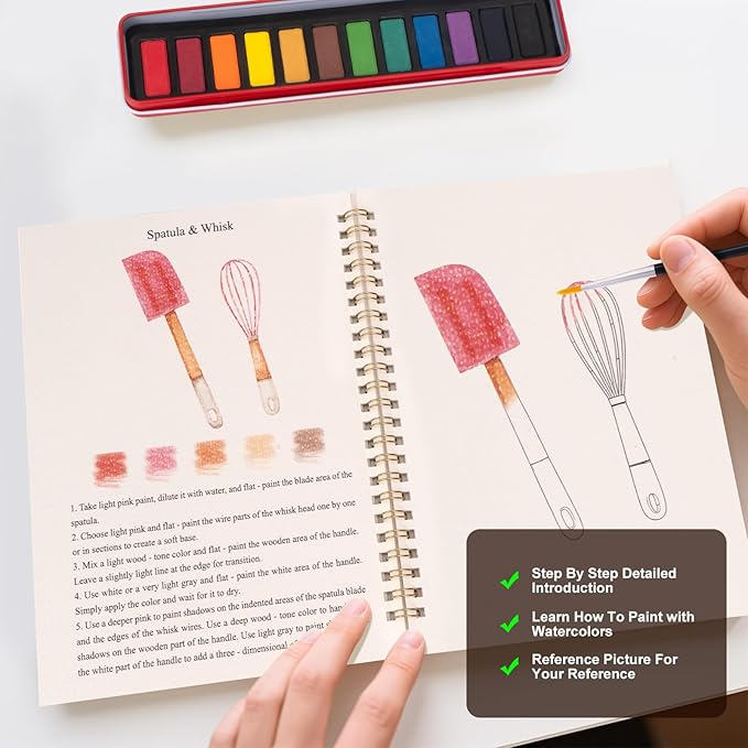Metyond Beginner Watercolor Workbook Kit - Watercolor Painting Kit with 1 Workbook 12 Colors Paint Set with Brush, Beginner Friendly Watercolor Paint Set Gift for Adults Teens (Baking)