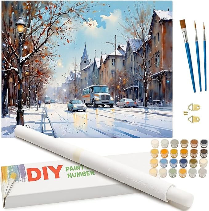 Winter Scene Paint by Numbers Kit for Adults - DIY Snowy City Street Painting on Rolled Canvas 16x20 Inches, Acrylic Paint Set, Suitable for Beginners, Urban Art for Home Decoration or Gifts.