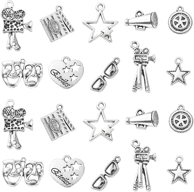 DanLingJewelry 100Pcs 10 Styles Hollywood Movie Charms Clapperboard Projector Movie Camera Mask Charms for Jewelry Making Bulk