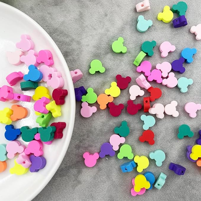 100 Pcs Polymer Clay Mouse Head Loose Spacer Beads, 10mm Mixed Color Cute Beads Charms for Women DIY Hair Clip Necklace Bracelet Jewelry Earring Handmade Craft Making