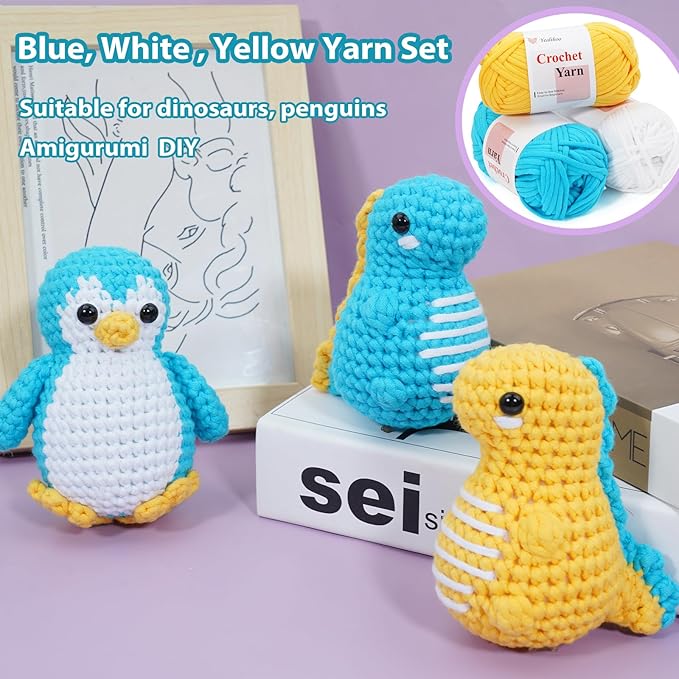 Beginner Yarn for Crocheting, Easy Crochet Yarn for Beginners, 3 Pack × 1.8 oz Amigurumi Yarns, Dinosaur Crochet Kit, Thick and Soft, Video Tutorials, Easy-to-See Stitches, Worsted Medium # 4