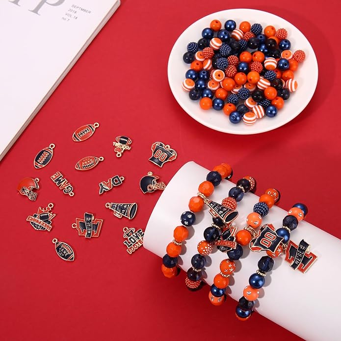 2200PCS+ Game Day Beads Charms for Bracelet Making Polymer Clay Beads Crystal Pearl Letter Gold Spacer Beads Football Charms for Game Day Bracelet Necklace Making DIY Crafts