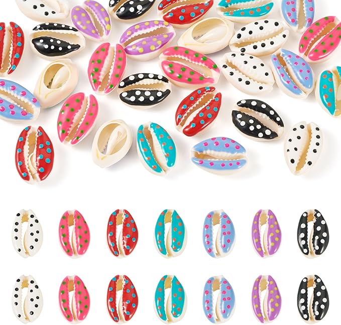 Cheriswelry 28Pcs Natural Spiral Shell Beads Print Polka Dot Sea Shells Beach Spacer Beads Cowrie Shell Loose Bead 17-22mm for DIY Summer Earring Bracelet Necklace Jewelry Making