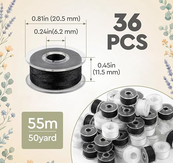 ilauke 18White + 18Black Bobbin Thread, Size A Prewound Sewing Thread Bobbins with Clear Storage Plastic Case Box Compatible with Brother Singer Embroidery BabyLock Janome Singer, 60WT