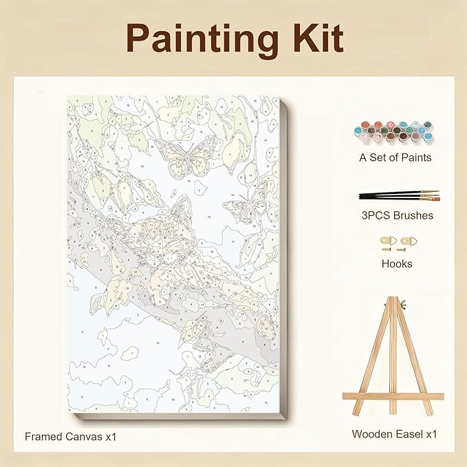 Gemozaic Cat Paint by Numbers Kit for Adults with Frame and Easel, Sleeping Cat Framed Adults' Paint by Number Kits, Animal Oil Acrylic Painting for Home, Office, Wall Decor, 8 x 12 Inch