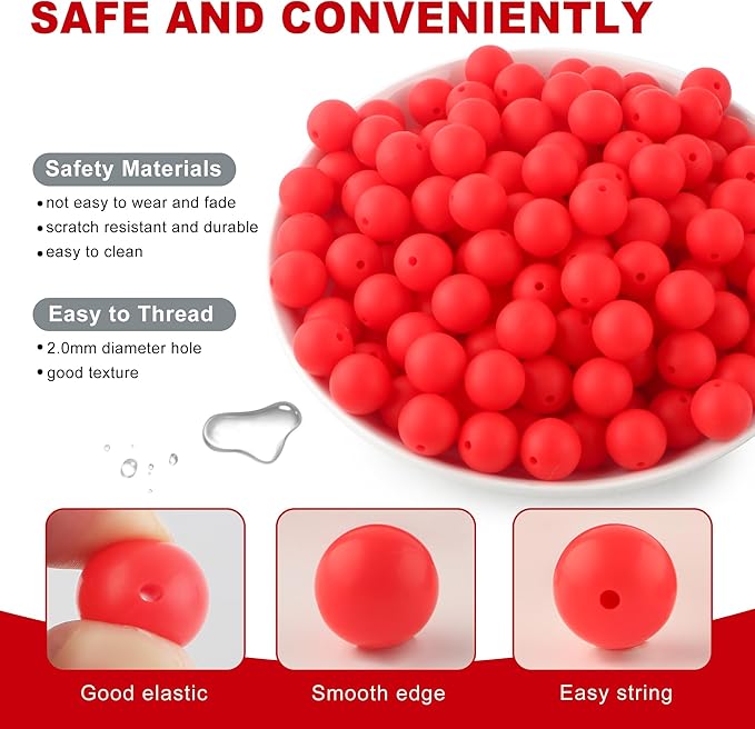 150Pcs 15mm Silicone Beads for Keychain Making Bracelet Necklace, Bulk Round Silicone Beads for Pens（Scarlet Red）