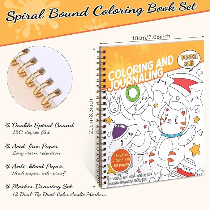 Coloring Book Set with 24-Color Acrylic Markers & Stickers, Ages 14+ Travel Sketch Book, 60 Pages 150gsm Thick Paper (7x8.3in) Spiral Bound Art Supplies