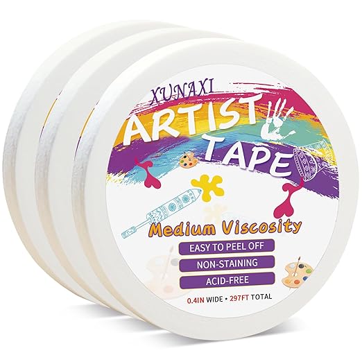 3 Packs Artist Tape Medium Tack White Art Tape for Watercolor Paper Drafting Art Painting Canvas Framing Acid Free Masking Tape- 0.4IN Wide 297FT Long Total