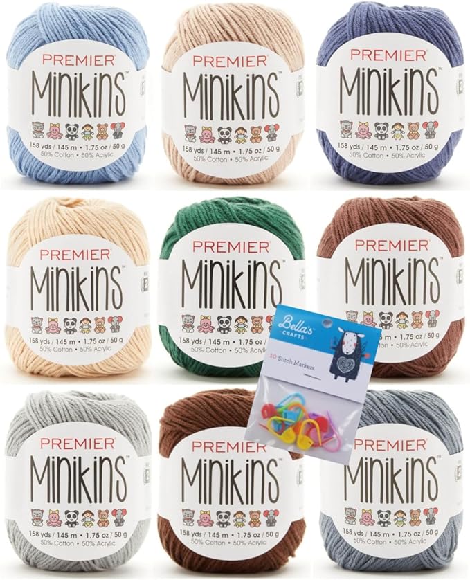 Premier Minikins Yarn 9-Pack Bundle with Bella's Crafts Stitch Markers (Earth Tones)