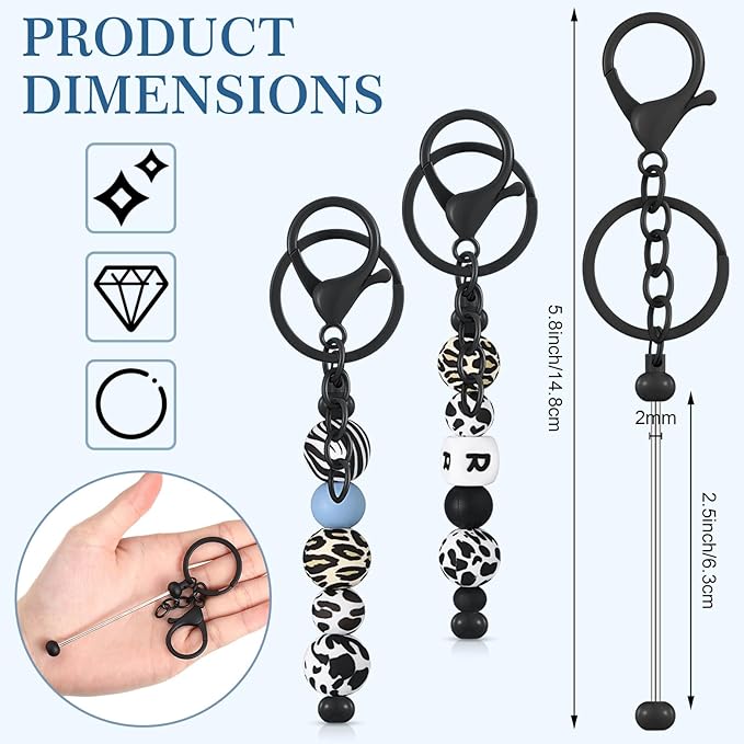 Tondiamo 24 Pcs Beadable Keychain Bars Bulk Beads for Keychain Making Kit Gifts for Women Men DIY Crafts(Black)