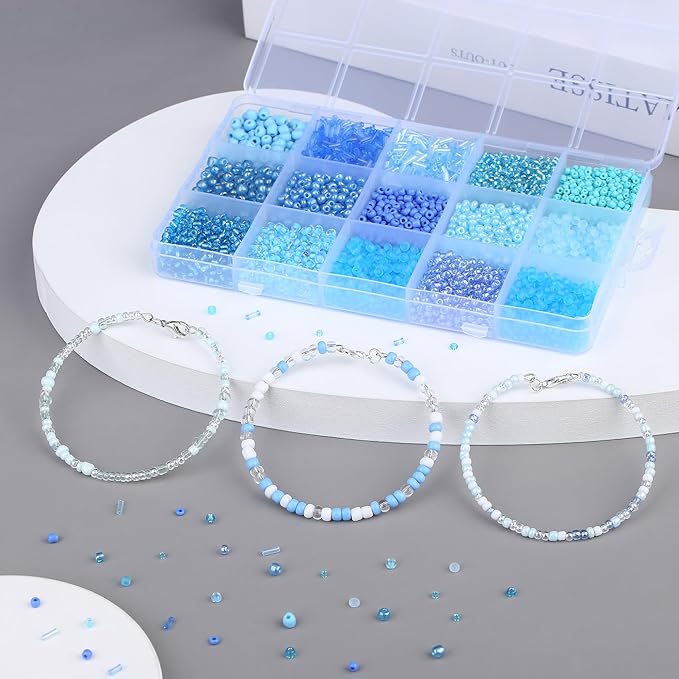 DUQGUHO Blue Beads for Jewelry Making 4mm Blue Glass Seed Beads Kit 15 Color 3mm 2mm Small Plastic Tube Bead for Bracelets Craft DIY